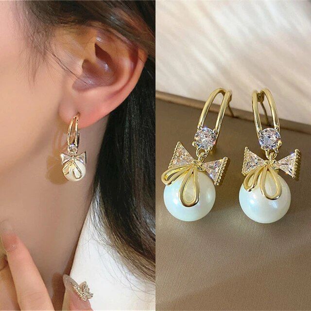 Elegant Pearl Bow Dangle Earrings - Image 4