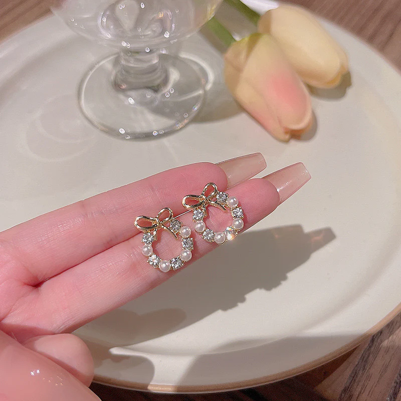 Korean Pearl-fect Bow & Pearl Earrings - Image 4